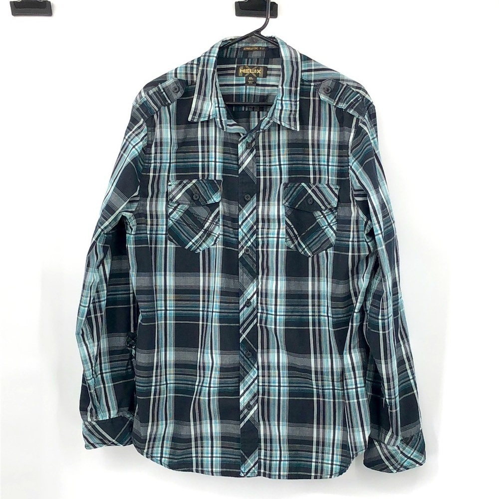 Helix Athletic Fit Plaid Button Down Shirt Size XL Roll Tabs Black White Teal